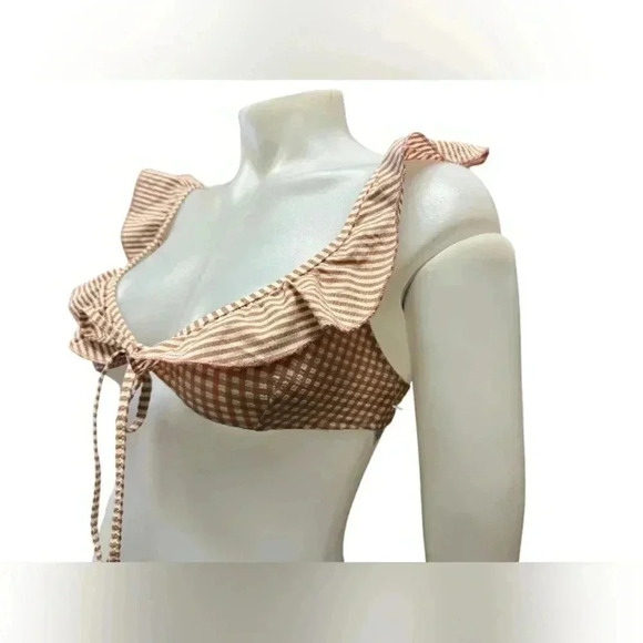Aerie EUC Binki Top Swimwear Checkered Tan/White Ruffles Frilly Size XXS. - Picture 2 of 8
